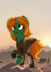 Size: 1550x2180 | Tagged: safe, artist:triplesevens, oc, oc only, oc:dust runner, pony, unicorn, fallout equestria, armor, clothes, coat, desert, gun, horn, looking up, outdoors, sky, sunset, wagon, weapon