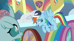 Size: 1920x1080 | Tagged: safe, screencap, ocellus, rainbow dash, changedling, changeling, pony, 2 4 6 greaaat, g4, cap, coach rainbow dash, hat, school of friendship, wings