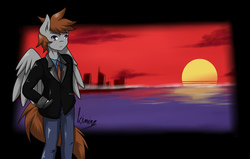 Size: 1516x965 | Tagged: safe, artist:kiminofreewings, oc, oc only, oc:kimino, pegasus, anthro, artwork, city, clothes, design, grand theft auto, gta v, looking up, ocean, reference, screen, solo, sunset