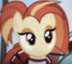 Size: 3328x2988 | Tagged: safe, screencap, shimmy shake, earth pony, pony, 2 4 6 greaaat, cheerleader outfit, clothes, female, high res, mare, needs more jpeg, photo, picture of a screen, screen door effect, smiling