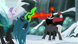 Size: 1920x1080 | Tagged: safe, screencap, cozy glow, lord tirek, queen chrysalis, centaur, changeling, changeling queen, pegasus, pony, frenemies (episode), g4, clothes, cloven hooves, female, filly, foal, glowing horn, hat, horn, magic drain, magic theft, snow, that centaur sure does love magic, trio, winter outfit