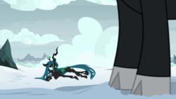 Size: 1920x1080 | Tagged: safe, screencap, lord tirek, queen chrysalis, centaur, changeling, changeling queen, frenemies (episode), g4, cloven hooves, drained, female, prone, snow, vulnerable