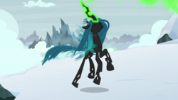 Size: 1920x1080 | Tagged: safe, screencap, queen chrysalis, changeling, changeling queen, frenemies (episode), g4, eyes closed, female, glowing horn, horn, snow, solo