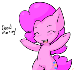 Size: 962x906 | Tagged: safe, artist:zutcha, pinkie pie, earth pony, pony, g4, bipedal, female, good morning, mare, signature, simple background, solo, text, transparent background