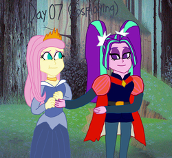 Size: 2000x1842 | Tagged: safe, artist:bigpurplemuppet99, aria blaze, fluttershy, equestria girls, g4, 30 day otp challenge, ariashy, clothes, cosplay, costume, female, lesbian, shipping, sleeping beauty