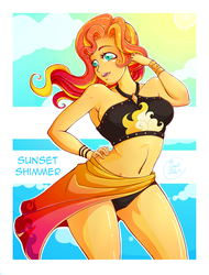 Size: 1822x2394 | Tagged: safe, artist:sweet-lola, sunset shimmer, equestria girls, equestria girls series, g4, belly button, bikini, clothes, female, hand on hip, sarong, solo, swimsuit