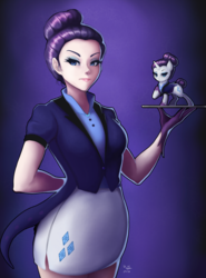 Size: 889x1200 | Tagged: safe, artist:the-park, rarity, human, pony, g4, alternate hairstyle, alternate timeline, clothes, costume, cutie mark on clothes, female, gloves, human ponidox, humanized, looking at you, micro, night maid rarity, nightmare takeover timeline, self ponidox, simple background, standing, tray
