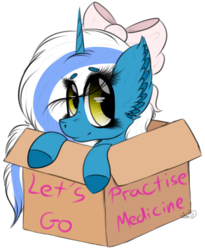 Size: 810x986 | Tagged: safe, artist:beamybutt, oc, oc:fleurbelle, alicorn, pony, adorabelle, alicorn oc, bow, box, colored hooves, cute, ear fluff, eye clipping through hair, female, hair bow, looking at you, mare, ocbetes, pony in a box, simple background, smiling, sweet, transparent background, yellow eyes