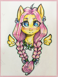 Size: 2976x3968 | Tagged: safe, artist:zefirka, fluttershy, pegasus, pony, g4, alternate hairstyle, blushing, braid, bust, eye clipping through hair, female, floating wings, flower, flower in hair, front view, full face view, high res, looking at you, mare, portrait, smiling, solo, traditional art, twin braids, wings