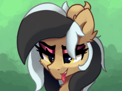 Size: 2885x2160 | Tagged: safe, artist:approximate, oc, oc only, oc:proxy, demon, demon pony, original species, abstract background, bedroom eyes, bust, eyeshadow, high res, makeup, simple background, solo, tongue out