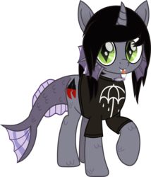 Size: 755x882 | Tagged: safe, artist:lightningbolt, derpibooru exclusive, half-siren, pony, g4, .svg available, clothes, colored pupils, curved horn, fangs, fins, fish tail, happy, horn, jewelry, kellin quinn, looking at you, male, movie accurate, necklace, ponified, raised hoof, scales, shirt, simple background, sleeping with sirens, slit pupils, smiling, solo, stallion, svg, t-shirt, tongue out, transparent background, vector