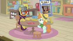 Size: 1920x1080 | Tagged: safe, screencap, a.k. yearling, peach fuzz, earth pony, pegasus, pony, daring doubt, g4, book, butt, chair, female, filly, glasses, hat, library, pencil, plot, poster, table, toy
