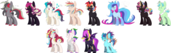 Size: 1597x500 | Tagged: safe, artist:taaffeiite, oc, oc only, bat pony, earth pony, pegasus, pony, unicorn, adoptable, bracelet, clothes, cloven hooves, collar, colored hooves, female, filly, freckles, heterochromia, hoodie, jewelry, male, mare, necktie, simple background, spiked collar, stallion, transparent background, unshorn fetlocks