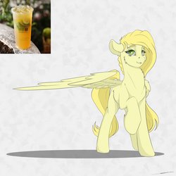 Size: 3000x3000 | Tagged: safe, artist:skitsroom, oc, oc only, oc:lemon cocktail, pegasus, pony, drink, female, high res, irl, mare, one wing out, pegasus oc, photo, raised hoof, reference sheet, solo, spread wings, wings