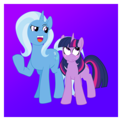 Size: 647x643 | Tagged: safe, artist:catross, trixie, twilight sparkle, pony, unicorn, g4, blushing, classic shipping, female, lesbian, mare, open mouth, raised hoof, ship:twixie, shipping, size difference