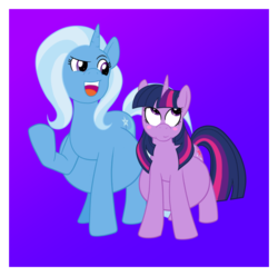 Size: 647x643 | Tagged: safe, artist:catross, trixie, twilight sparkle, pony, unicorn, g4, belly, big belly, blushing, female, lesbian, magical lesbian spawn, mare, offspring, open mouth, preglight sparkle, pregnant, pregxie, raised hoof, ship:twixie, shipping, size difference, unicorn twilight