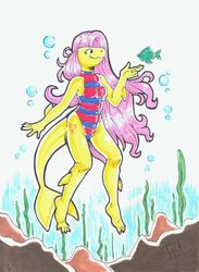 Size: 2472x3369 | Tagged: safe, artist:raph13th, fluttershy, fish, original species, shark pony, anthro, plantigrade anthro, g4, bubble, clothes, female, fluttershark, high res, marker drawing, one-piece swimsuit, sharkified, smiling, solo, species swap, swimsuit, traditional art, underwater