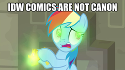 Size: 1024x576 | Tagged: safe, edit, edited screencap, screencap, rainbow dash, pegasus, pony, daring doubt, idw, caption, comic drama, female, idw drama, image macro, op is a duck, op is trying to start shit, opinion, solo, text, truth talisman