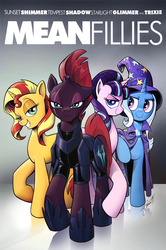 Size: 1737x2618 | Tagged: safe, artist:andypriceart, edit, editor:dsp2003, starlight glimmer, sunset shimmer, tempest shadow, trixie, pony, unicorn, g4, armor, broken horn, eye scar, female, group, hoof shoes, horn, looking at you, mare, mean girls, movie poster, parody, poster, quartet, s5 starlight, scar, signature, smiling, smirk, unicorn master race, zipper