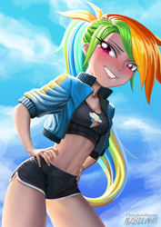 Size: 4961x7016 | Tagged: safe, artist:驕傲香蕉, rainbow dash, human, g4, belly button, blushing, breasts, clothes, female, humanized, jacket, looking at you, nail polish, sexy, smiling, solo, sports bra, sports shorts, stupid sexy rainbow dash