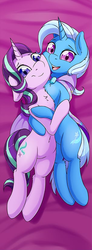 Size: 304x824 | Tagged: safe, artist:fearingfun, starlight glimmer, trixie, pony, unicorn, semi-anthro, g4, arm hooves, cute, diatrixes, duo, female, glimmerbetes, lesbian, looking at you, mare, on back, ship:startrix, shipping, smiling, sweet dreams fuel