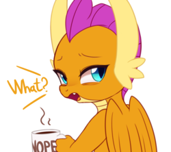 Size: 2700x2400 | Tagged: safe, artist:maren, derpibooru exclusive, smolder, dragon, g4, coffee, coffee mug, dialogue, dragoness, female, high res, looking back, mug, nope, simple background, solo, white background