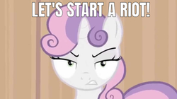 Size: 636x355 | Tagged: safe, edit, edited screencap, editor:undeadponysoldier, screencap, sweetie belle, pony, unicorn, for whom the sweetie belle toils, g4, angry, female, filly, looking at you, riot, solo, song reference, talking to viewer, three days grace