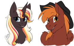Size: 1280x811 | Tagged: safe, artist:cosmalumi, oc, oc only, oc:calamity, oc:velvet remedy, pegasus, pony, unicorn, fallout equestria, bust, cowboy hat, dashite, fanfic, fanfic art, female, grin, hat, horn, male, mare, open mouth, portrait, simple background, smiling, stallion, white background, wings