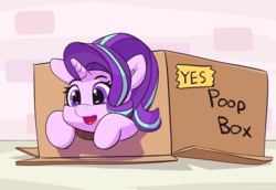 Size: 5162x3554 | Tagged: safe, artist:pabbley, edit, starlight glimmer, pony, unicorn, g4, background pony strikes again, box, cute, female, glimmerbetes, happy, imminent boop, mare, op is a duck, open mouth, pony in a box, smiling, solo, wrong eye color