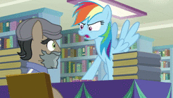 Size: 1920x1080 | Tagged: safe, screencap, doctor caballeron, fluttershy, rainbow dash, earth pony, pegasus, pony, daring doubt, accusation, angry, animated, book, bookshelf, bookstore, chair, disguise, fake beard, flat cap, flying, glare, groom q.q. martingale, hat, mood whiplash, smiling, sound, table, webm