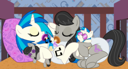 Size: 11000x6000 | Tagged: safe, artist:evilfrenzy, dj pon-3, octavia melody, vinyl scratch, pony, g4, abdl, absurd resolution, adult foal, crib, cute, cutie mark pacifier, diaper, diaper fetish, female, fetish, lesbian, non-baby in diaper, pacifier, plushie, poofy diaper, ship:scratchtavia, shipping, show accurate, sleeping, tavibetes, underhoof, vinylbetes