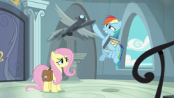 Size: 800x450 | Tagged: safe, screencap, fluttershy, rainbow dash, pegasus, pony, daring doubt, g4, animated, book, door, eyes closed, female, flying, gif, looking at something, rainbow dash's house, saddle bag, statue, throw, wings, yeet