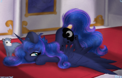 Size: 3500x2250 | Tagged: safe, artist:darkest-lunar-flower, princess luna, tiberius, alicorn, opossum, pony, g4, angry, canterlot castle, face down ass up, frame, hallway, high res, hoof on head, horn, mane physics, moon, pouting, rug, sparkles, wings