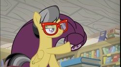 Size: 1292x720 | Tagged: safe, screencap, a.k. yearling, daring do, pegasus, pony, daring doubt, g4, book, bookshelf, cloak, clothes, female, glasses, library, lidded eyes, mare, solo, we don't normally wear clothes