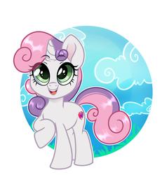 Size: 2975x3213 | Tagged: safe, artist:annakitsun3, sweetie belle, pony, unicorn, g4, circle background, cloud, cute, cutie mark, diasweetes, eye clipping through hair, female, filly, high res, looking at you, open mouth, raised hoof, smiling, solo, the cmc's cutie marks