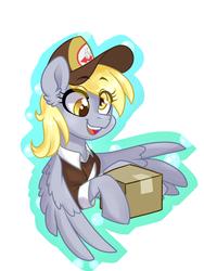 Size: 3000x4000 | Tagged: safe, artist:annakitsun3, derpy hooves, pegasus, pony, g4, box, bust, female, holding, mailmare, mailpony, mare, open mouth, portrait, smiling, solo, spread wings, wings