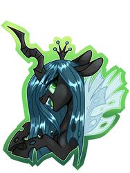 Size: 3000x4000 | Tagged: safe, artist:annakitsun3, queen chrysalis, changeling, changeling queen, g4, bust, crown, fangs, female, floppy ears, grin, jewelry, looking at you, open mouth, portrait, profile, regalia, slit pupils, smiling, solo, spread wings, wings