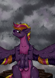 Size: 2280x3199 | Tagged: safe, artist:nikameowbb, oc, oc only, pegasus, pony, cloud, cloudy, commission, high res, rain, solo, wings