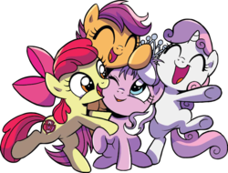 Size: 1291x980 | Tagged: safe, artist:brendahickey, idw, apple bloom, diamond tiara, scootaloo, sweetie belle, earth pony, pegasus, pony, unicorn, g4, spoiler:comic, spoiler:comicspiritoftheforest03, ^^, apple bloom's bow, background removed, bipedal, bow, cute, cutie mark crusaders, eyes closed, female, filly, foal, group hug, hair bow, horn, hug, jewelry, one eye closed, open mouth, open smile, simple background, sitting, smiling, standing, standing on one leg, tiara, tiaralove, transparent background