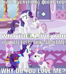 Size: 642x724 | Tagged: safe, edit, edited screencap, editor:undeadponysoldier, screencap, rarity, sweetie belle, g4, 'new', angry, caption, edgy, hate, hub logo, i hate everything about you, image macro, out of context, pointing, song reference, text, three days grace, yelling