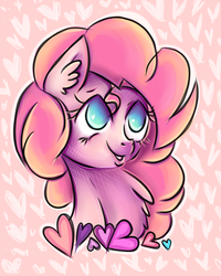 Size: 2404x3000 | Tagged: safe, artist:coco-drillo, pinkie pie, earth pony, pony, g4, blue eyes, bust, chest fluff, colorful, curly mane, ear fluff, female, happy, heart, high res, love, lovely, loving, pink fur, pink mane, ponka, portrait, solo, waifu