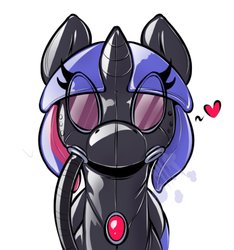 Size: 1146x1224 | Tagged: safe, artist:helixjack, oc, oc only, oc:mew, pony, unicorn, eye clipping through hair, female, gas mask, heart, horn, latex, latex suit, mare, mask, rubber drone, simple background, solo, unicorn oc, white background