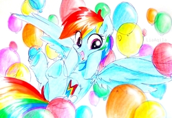 Size: 3244x2228 | Tagged: safe, artist:liaaqila, rainbow dash, pegasus, pony, g4, balloon, chest fluff, cute, dashabetes, excited, female, happy, high res, mare, open mouth, smiling, spread wings, traditional art, underhoof, wings