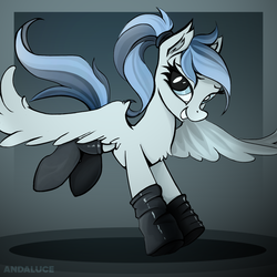 Size: 1500x1500 | Tagged: safe, artist:andaluce, derpibooru exclusive, oc, oc only, oc:haze northfleet, pegasus, pony, abstract background, clothes, smiling, socks, solo, spread wings, wings