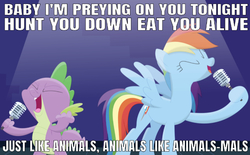 Size: 638x395 | Tagged: safe, artist:porygon2z, edit, editor:undeadponysoldier, rainbow dash, spike, dragon, pegasus, pony, g4, animals (maroon 5), duet, female, male, mare, maroon 5, microphone, open mouth, singing, song reference