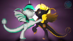 Size: 3840x2160 | Tagged: safe, artist:technickarts, oc, oc:archie cloud, oc:phoenix stardash, alicorn, dracony, hybrid, pony, 3d, alicorn oc, boop, claws, clothes, cute, dracony alicorn, ethereal mane, high res, horns, hug, love, mirror, noseboop, scales, scarf, source filmmaker, spikes, volumetric light, watermark, weapons-grade cute