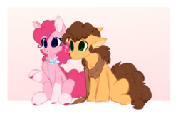 Size: 1560x996 | Tagged: dead source, safe, artist:php146, cheese sandwich, pinkie pie, earth pony, pony, g4, alternate design, chest fluff, clothes, cute, ear fluff, female, floppy ears, fluffy, gradient background, jewelry, male, mare, necklace, scarf, ship:cheesepie, shipping, sitting, smiling, stallion, straight