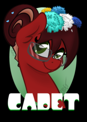 Size: 1500x2100 | Tagged: safe, artist:cadetredshirt, oc, oc only, oc:cadetpone, earth pony, pony, badge, bust, floral head wreath, flower, flower in hair, glasses, looking up, smiling, solo, text