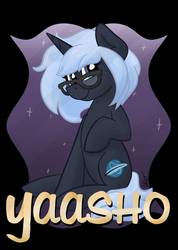 Size: 755x1058 | Tagged: safe, artist:cadetredshirt, oc, oc only, oc:yaasho, pony, unicorn, badge, digital, female, full body, looking at you, smiling, solo, space, text