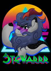 Size: 755x1058 | Tagged: safe, artist:cadetredshirt, oc, oc only, kirin, pony, badge, glasses, kirin oc, looking at you, smiling, solo, text, vaporwave